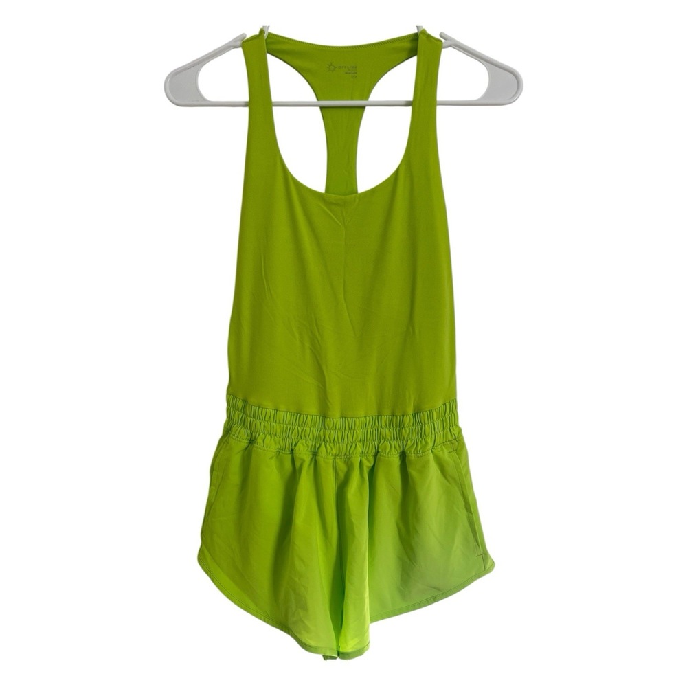 Aerie Offline Real Me Hot Stuff Racerback Romper NeonGreen Stretch Lined Pockets
